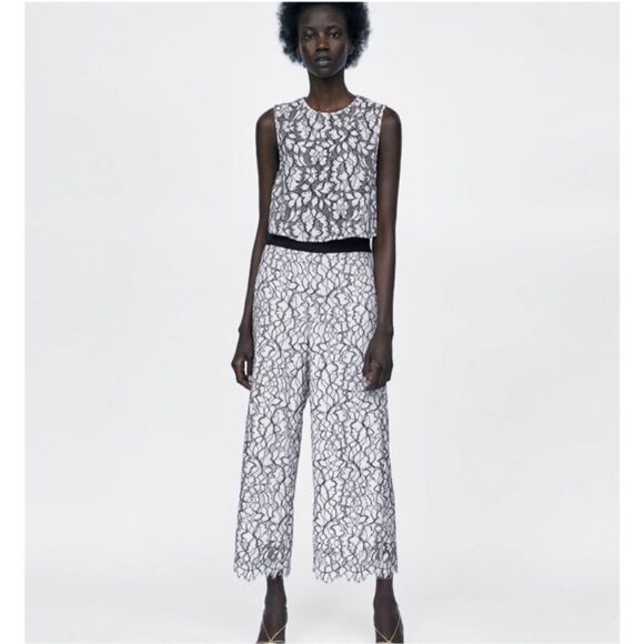 Zara Basic Lace Overlay Wide-Leg Cropped Pants Medium Floral - Picture 2 of 11